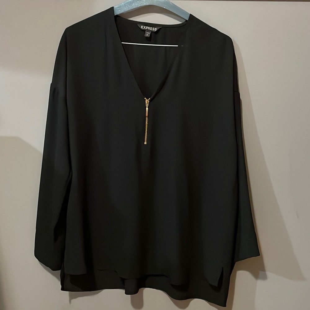 Express Flowy, Wide Arm Black Blouse with Gold Zipper Detail
